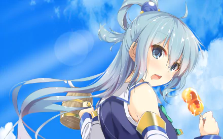 Aqua from KonoSuba smiles joyfully against a bright blue sky, holding a snack. This vibrant HD image captures her playful spirit from the anime KonoSuba - God’s Blessing on This Wonderful World!!