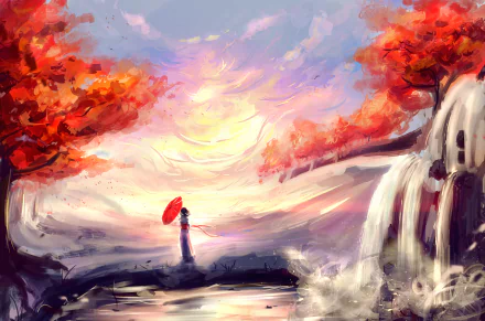 HD anime desktop wallpaper featuring a serene autumn scene with a waterfall, a person holding a red umbrella, vibrant fall trees, and a beautiful sky.