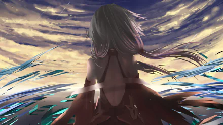A stunning HD wallpaper featuring Inori Yuzuriha from Guilty Crown, with flowing hair set against a dramatic sky and abstract blue elements, capturing a moment of beauty and intrigue.