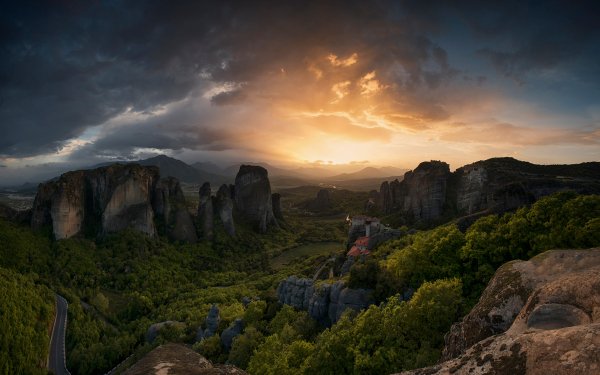 Religious Meteora Earth Landscape Mountain Tree Forest Road HD Wallpaper | Background Image