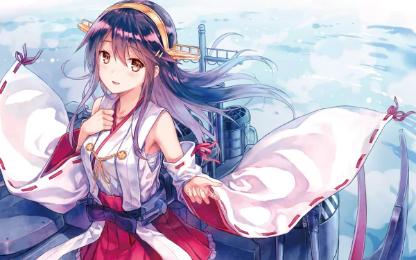 A vibrant HD wallpaper featuring Haruna from Kantai Collection, showcasing her in a graceful pose against a serene ocean backdrop, capturing the spirit of anime art.