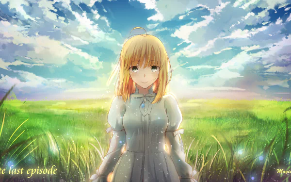 A serene 4K Ultra HD wallpaper featuring Saber from the Fate Series, standing in a sunlit field with vibrant skies, capturing the essence of the anime Fate/Stay Night.