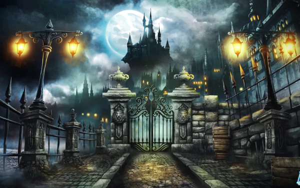A fantastical night scene featuring a moonlit castle in the background, illuminated lanterns flanking an ornate gate, creating an enchanting holiday atmosphere.