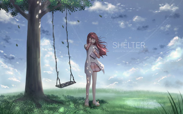 A serene HD anime wallpaper featuring Rin from Shelter, standing by a swing under a tree, with a vibrant sky and gentle breeze, creating a tranquil, dreamlike atmosphere.
