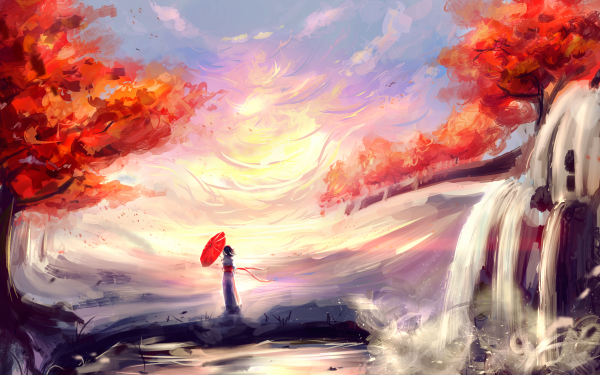 Anime Original Fall Waterfall HD Wallpaper | Background Image