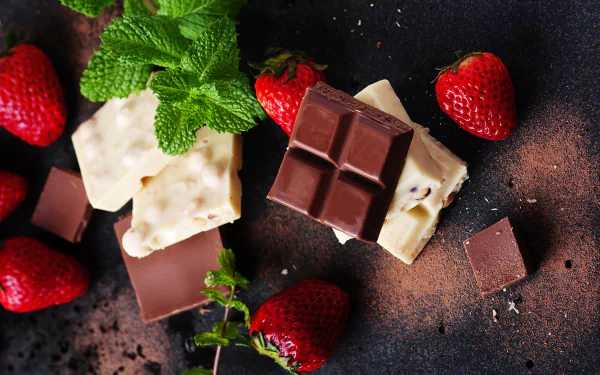 5K Ultra HD PC desktop wallpaper still life: mint sprigs, dark and white chocolate squares and fresh strawberries arranged on a dark food background.
