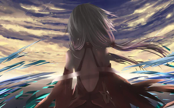 A stunning HD wallpaper featuring Inori Yuzuriha from Guilty Crown, with flowing hair set against a dramatic sky and abstract blue elements, capturing a moment of beauty and intrigue.