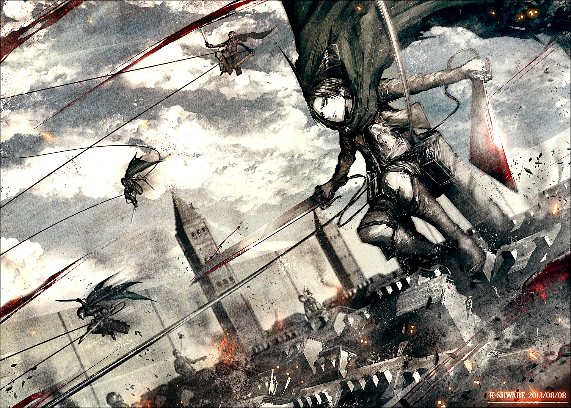 High-definition desktop wallpaper featuring Levi Ackerman from Attack on Titan, depicting intense action against Titans amidst a dramatic background.