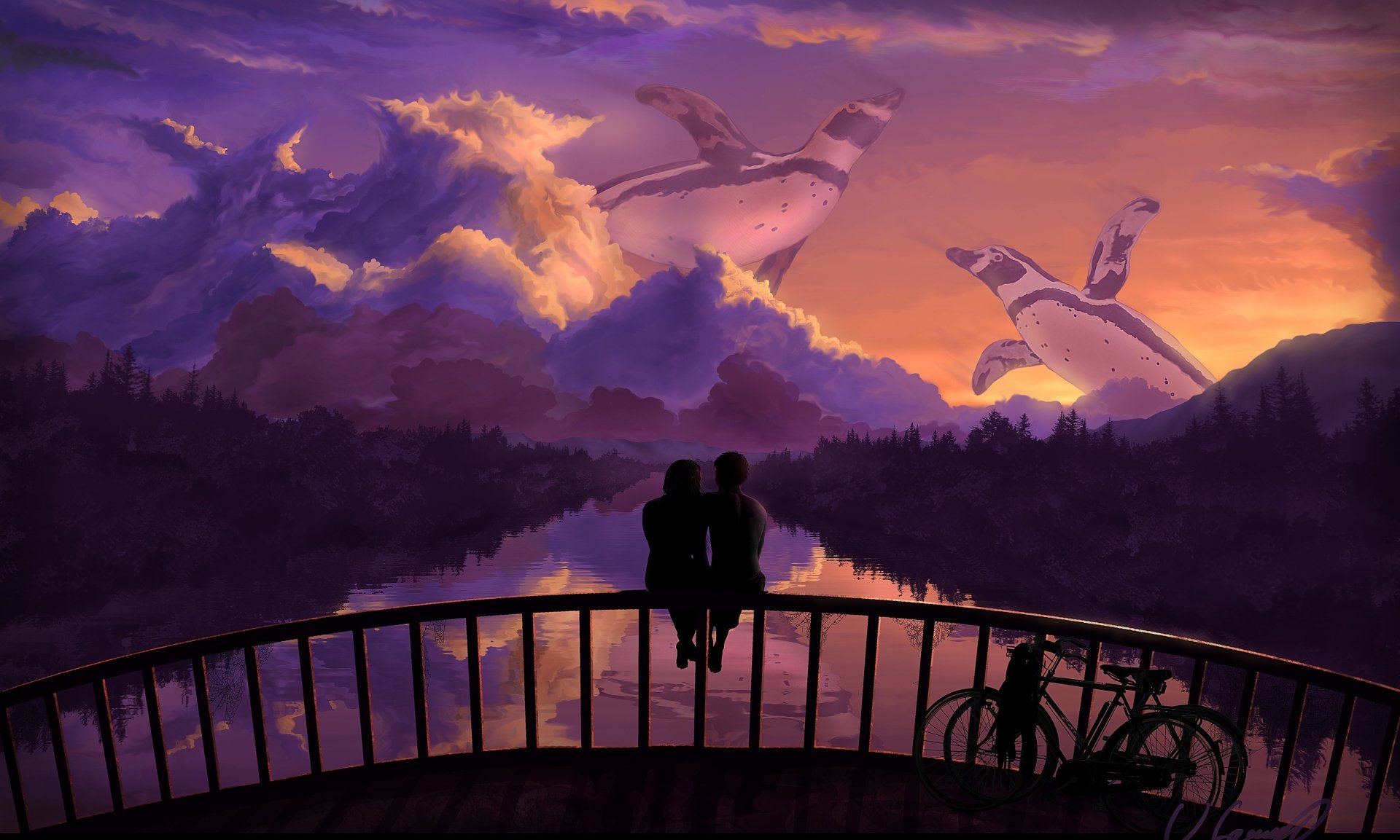 A couple sits on a deck overlooking a serene lake, as giant penguins soar through vibrant clouds at sunset, creating a whimsical, artistic fantasy landscape.