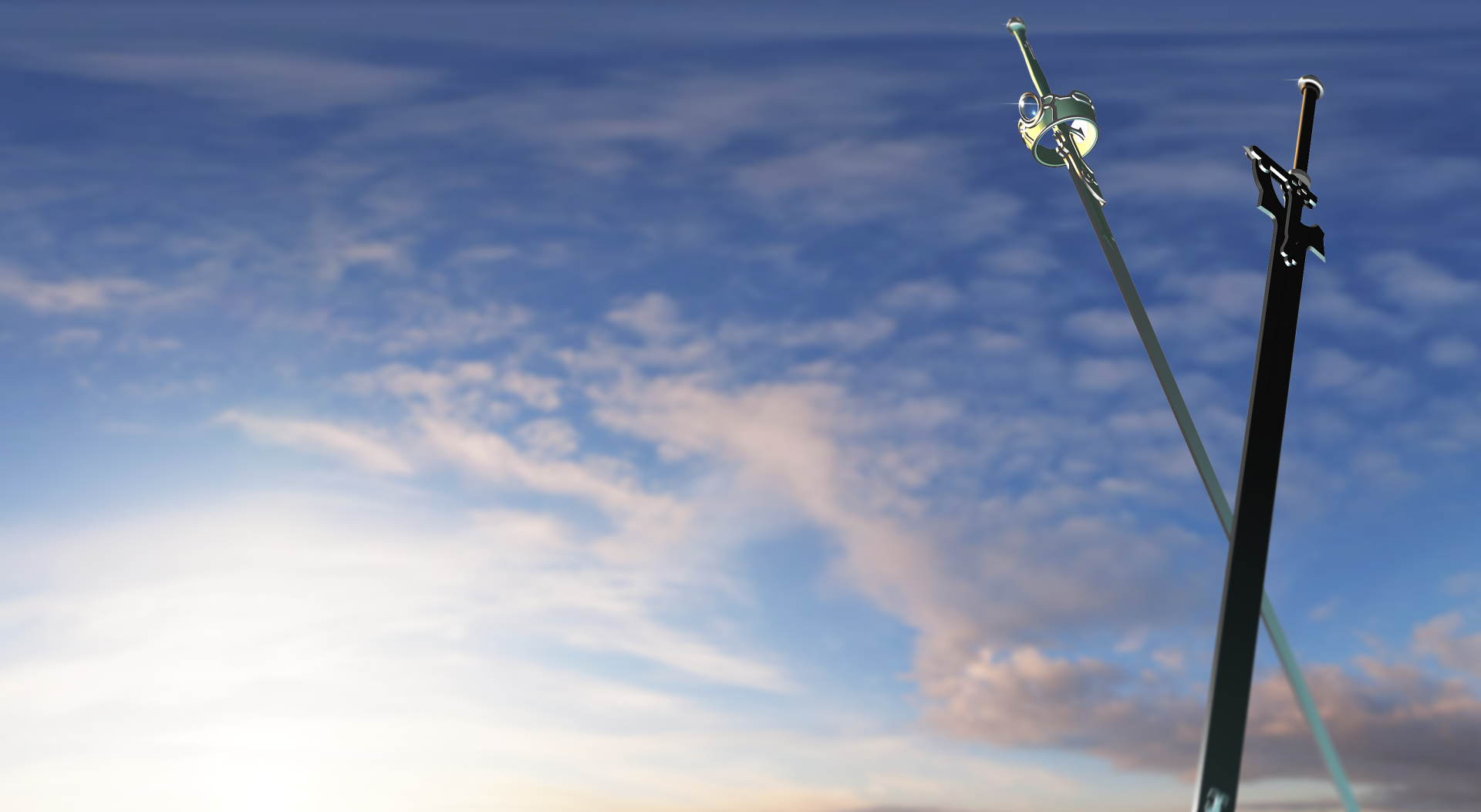 HD PC desktop wallpaper featuring two swords against a blue sky, inspired by the anime Sword Art Online.