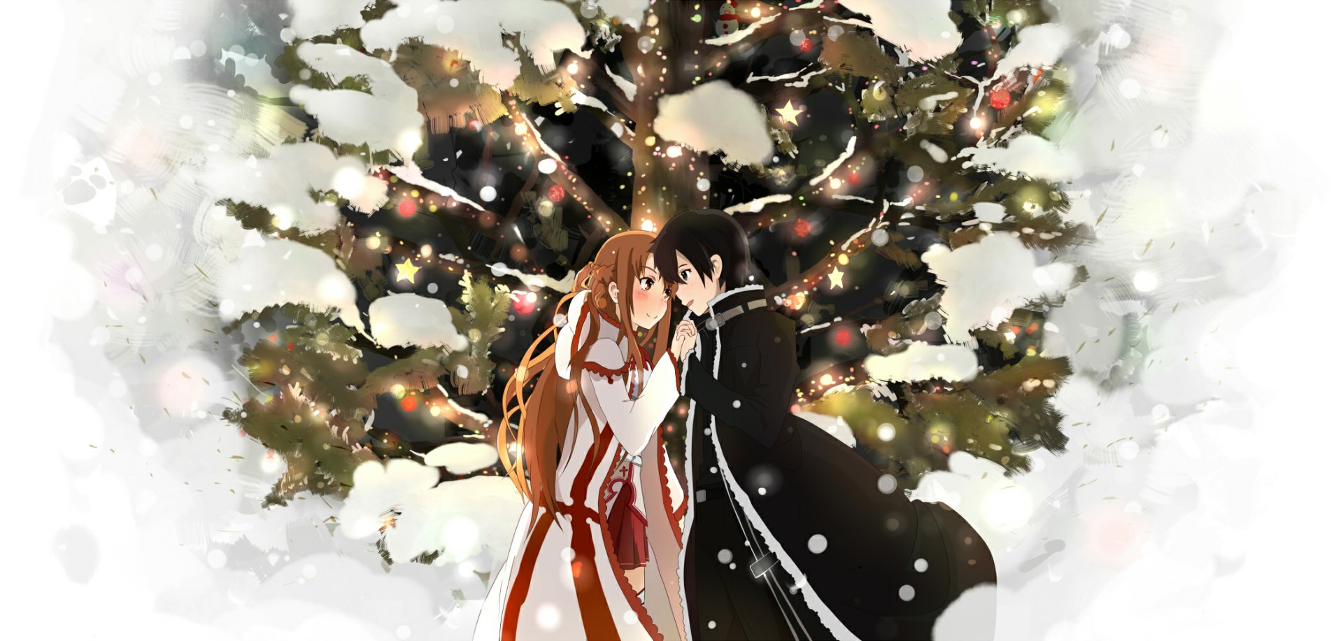 Kazuto Kirigaya and Asuna Yuuki share a tender moment in a snowy scene, surrounded by a beautifully lit Christmas tree, capturing the essence of their romance from Sword Art Online.
