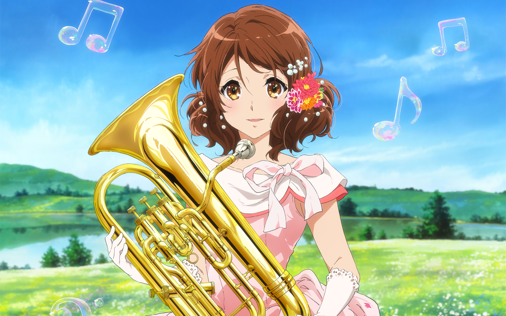 Anime HD PC desktop wallpaper/background from Sound! Euphonium: girl in a pink dress holding a euphonium in a sunny meadow, with floating musical notes.