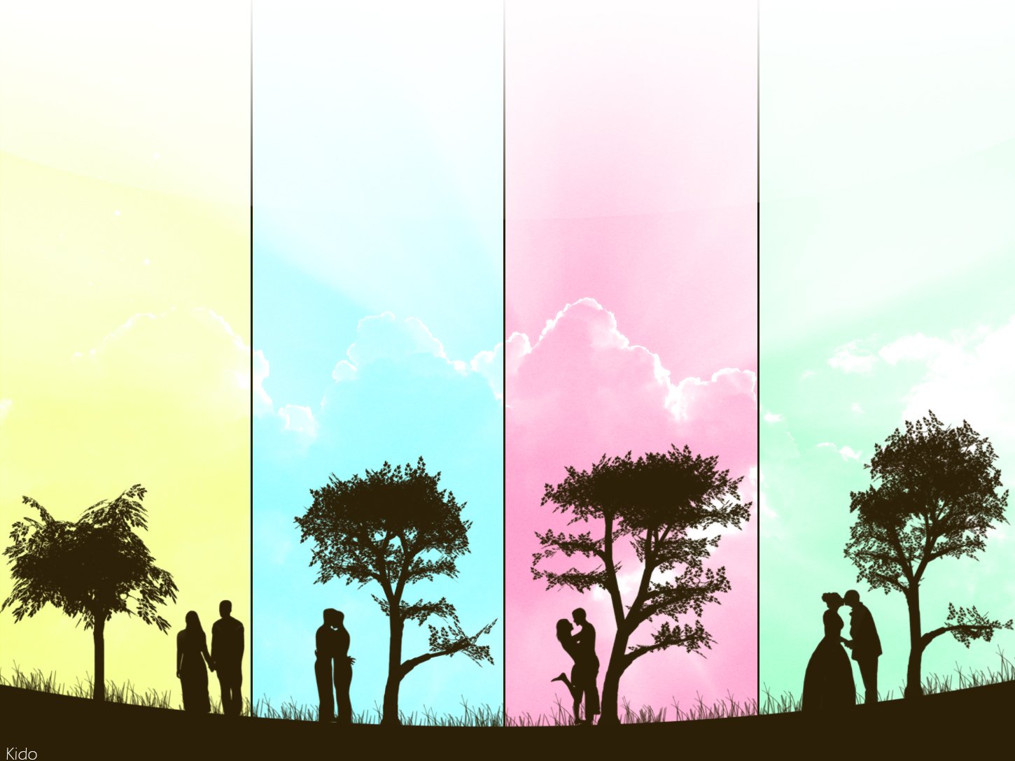 HD desktop wallpaper illustrating love with artistic silhouettes of couples under trees, set against colorful backgrounds of yellow, blue, pink, and green skies.