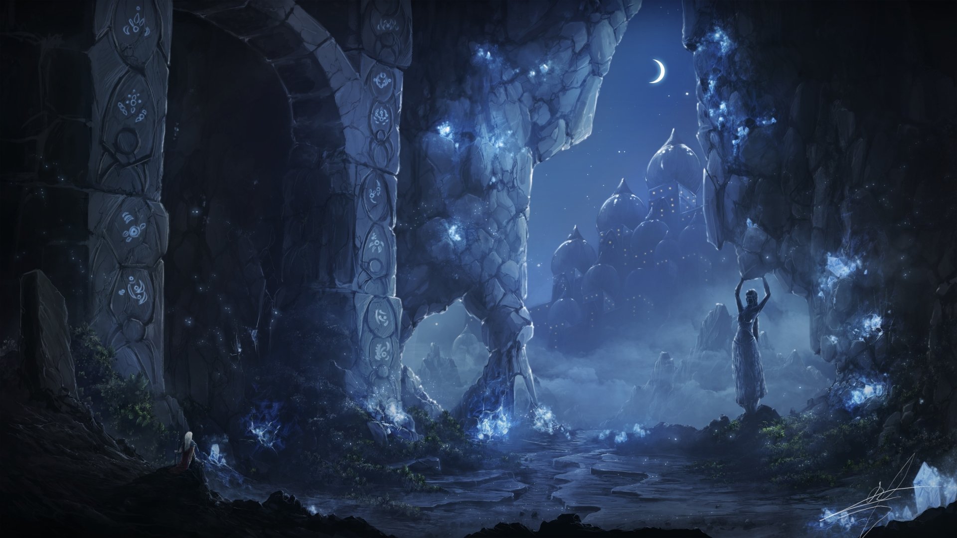 A fantasy night scene of ancient ruined statues and glowing crystals under a crescent moon, set in a mystical cityscape, captured in HD for a PC desktop wallpaper.