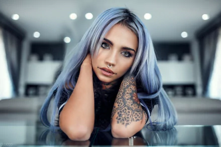 blue hair hazel eyes tattoo woman model HD Desktop Wallpaper | Background Image