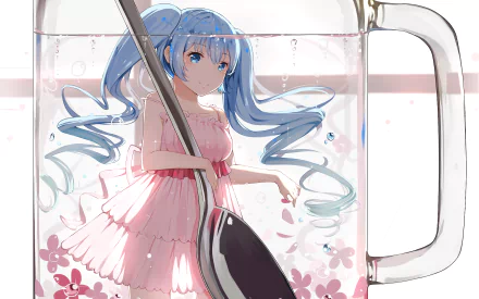 A beautiful HD desktop wallpaper featuring Hatsune Miku, an anime Vocaloid character, standing in a glass jar surrounded by flowers, showcasing her iconic blue hair and pink dress.