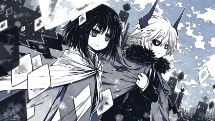 HD anime wallpaper featuring two characters from The Gray Garden, depicted in a dynamic monochrome style with floating geometric shapes in the background.