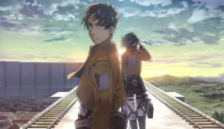 Eren Yeager and Mikasa Ackerman stand on a railway against a scenic background in this striking HD Attack on Titan anime wallpaper.