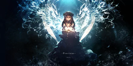 HD anime desktop wallpaper featuring an original artwork of a girl in a dark dress adorned with ethereal, bright light and intricate watery effects, surrounded by a mystical ambiance.