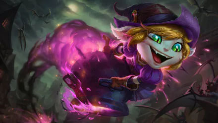 HD Halloween-themed League of Legends wallpaper featuring Tristana in a witch costume, casting a glowing purple spell in a dark, eerie setting.
