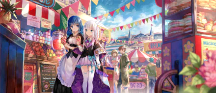 An HD wallpaper featuring characters from She Professed Herself Pupil of the Wise Man in a vibrant marketplace, surrounded by colorful stalls and festive decorations.
