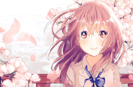 HD desktop wallpaper featuring Shouko Nishimiya from the anime A Silent Voice, with cherry blossoms in the background.