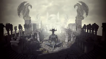 A dark and atmospheric scene from Dark Souls III, featuring a demonic figure amid ancient ruins and stone structures, set against a misty, ethereal backdrop. 4K Ultra HD quality.