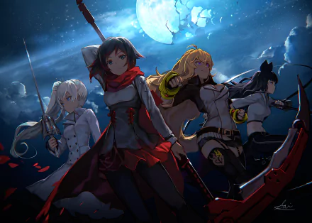 HD desktop wallpaper featuring Ruby Rose, Yang Xiao Long, Weiss Schnee, and Blake Belladonna from the anime RWBY, all striking dynamic poses against a dramatic night sky with a full moon in the background.