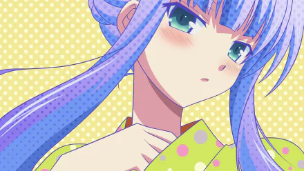 4K Ultra HD anime wallpaper featuring a close-up of a character from Baka and Test with purple hair and green eyes against a yellow polka dot background.