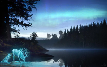 A giant spirit deer stands by a misty lake at twilight, its glowing reflection shimmering among dark forest silhouettes in this fantasy HD PC desktop wallpaper.