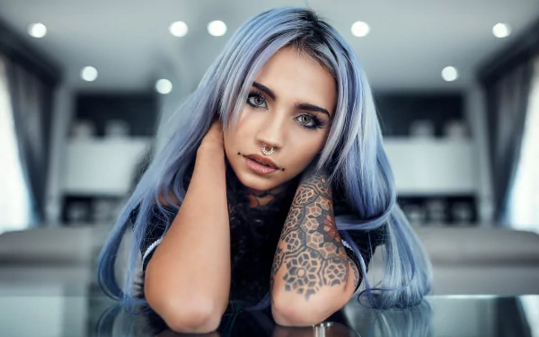 blue hair hazel eyes tattoo woman model HD Desktop Wallpaper | Background Image