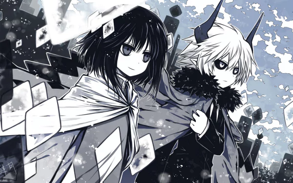 HD anime wallpaper featuring two characters from The Gray Garden, depicted in a dynamic monochrome style with floating geometric shapes in the background.