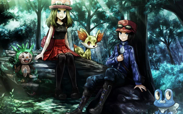 A vibrant HD wallpaper featuring characters from Pokémon: X and Y, set in a lush forest with Pokémon companions, showcasing adventurous spirit and camaraderie.