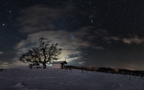 Religious Church Churches Night Winter Snow Sky Starry Sky Stars HD Wallpaper | Background Image