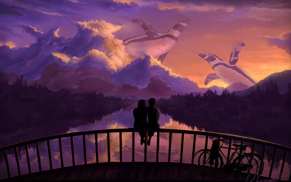 A couple sits on a deck overlooking a serene lake, as giant penguins soar through vibrant clouds at sunset, creating a whimsical, artistic fantasy landscape.