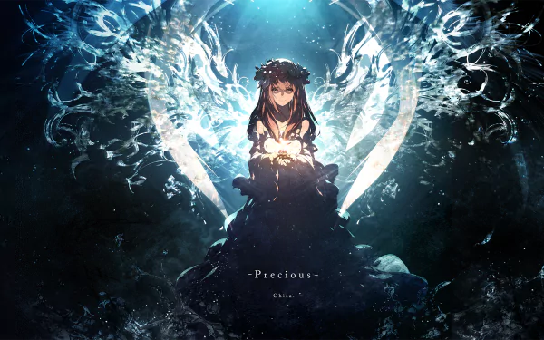 HD anime desktop wallpaper featuring an original artwork of a girl in a dark dress adorned with ethereal, bright light and intricate watery effects, surrounded by a mystical ambiance.