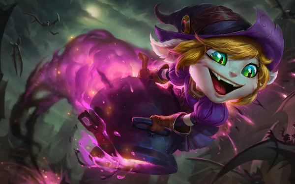 HD Halloween-themed League of Legends wallpaper featuring Tristana in a witch costume, casting a glowing purple spell in a dark, eerie setting.