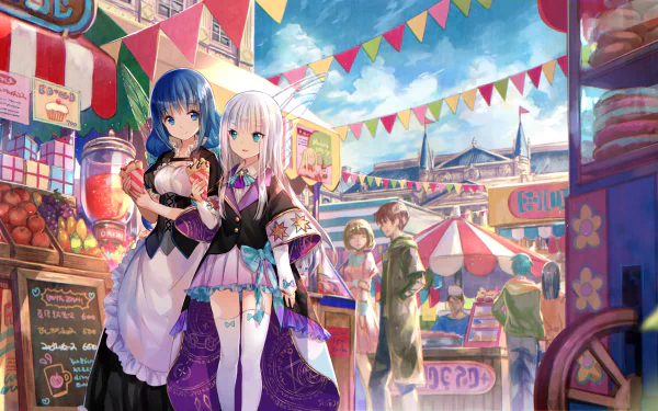 An HD wallpaper featuring characters from She Professed Herself Pupil of the Wise Man in a vibrant marketplace, surrounded by colorful stalls and festive decorations.