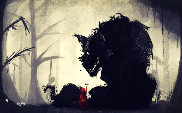 HD fantasy desktop wallpaper depicting a dark, menacing wolf towering over a small figure in a red cloak in a foggy, eerie forest scene inspired by Red Riding Hood.