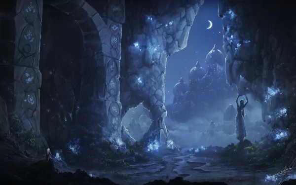 A fantasy night scene of ancient ruined statues and glowing crystals under a crescent moon, set in a mystical cityscape, captured in HD for a PC desktop wallpaper.