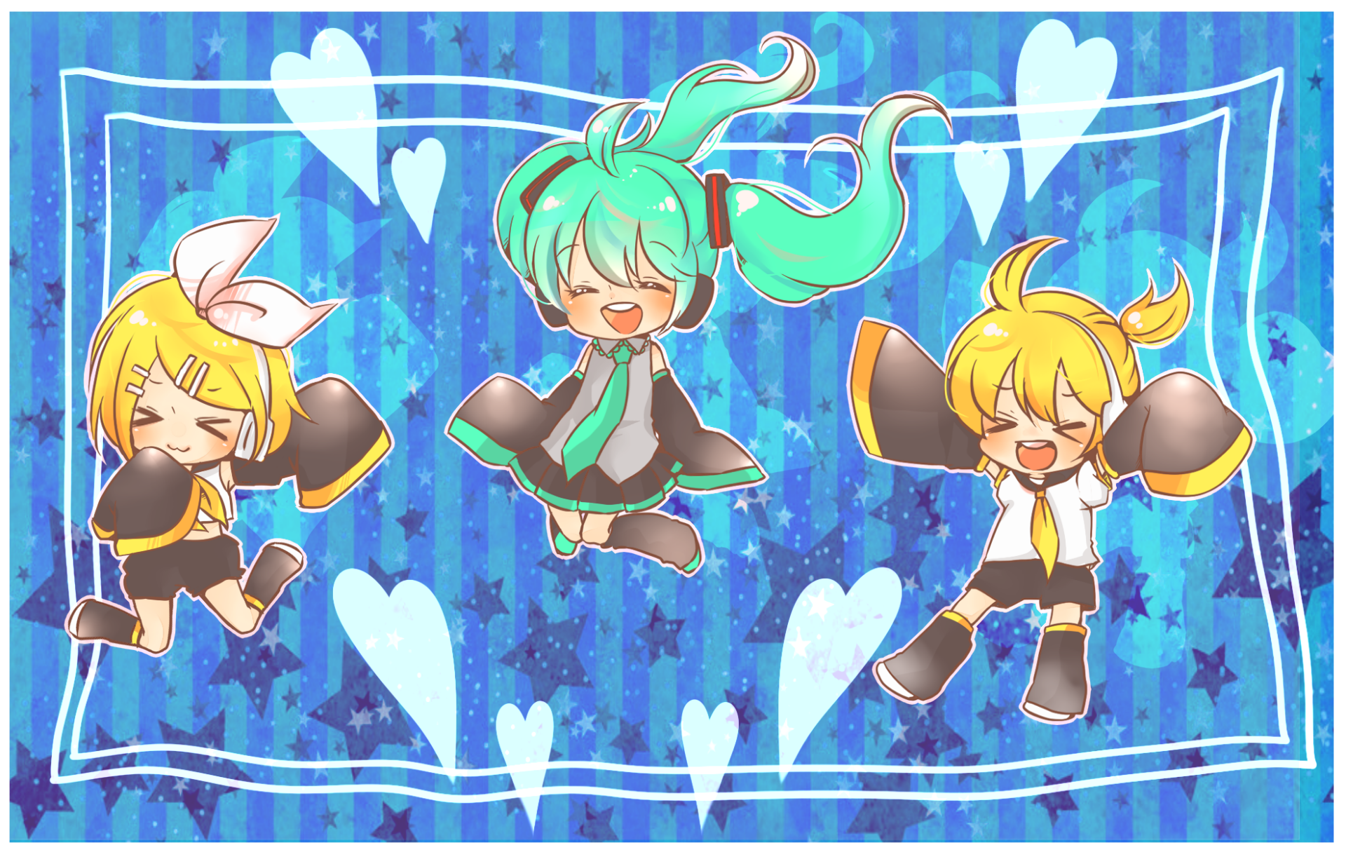 Chibi Vocaloid trio Hatsune Miku, Rin Kagamine, and Luka Megurine joyfully floating on a blue, heart-and-star patterned HD PC desktop wallpaper/background.