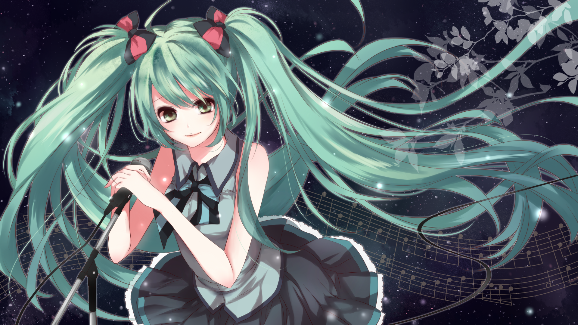 A vibrant HD wallpaper featuring Hatsune Miku, the iconic Vocaloid character, with flowing teal hair, singing into a microphone against a starry background adorned with musical notes.
