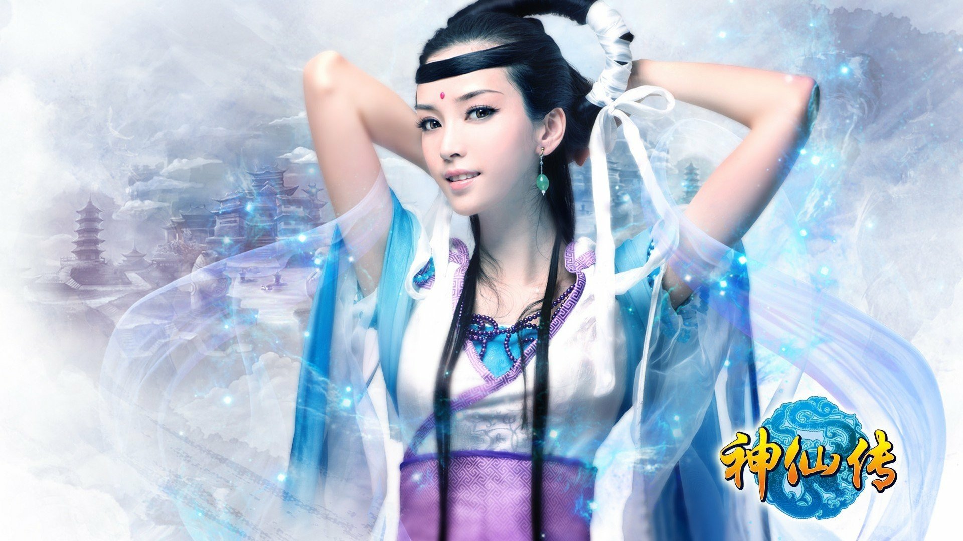 HD PC wallpaper featuring an Asian woman in fantasy cosplay inspired by Jade Dynasty, dressed in flowing garments with ethereal blue and white tones.