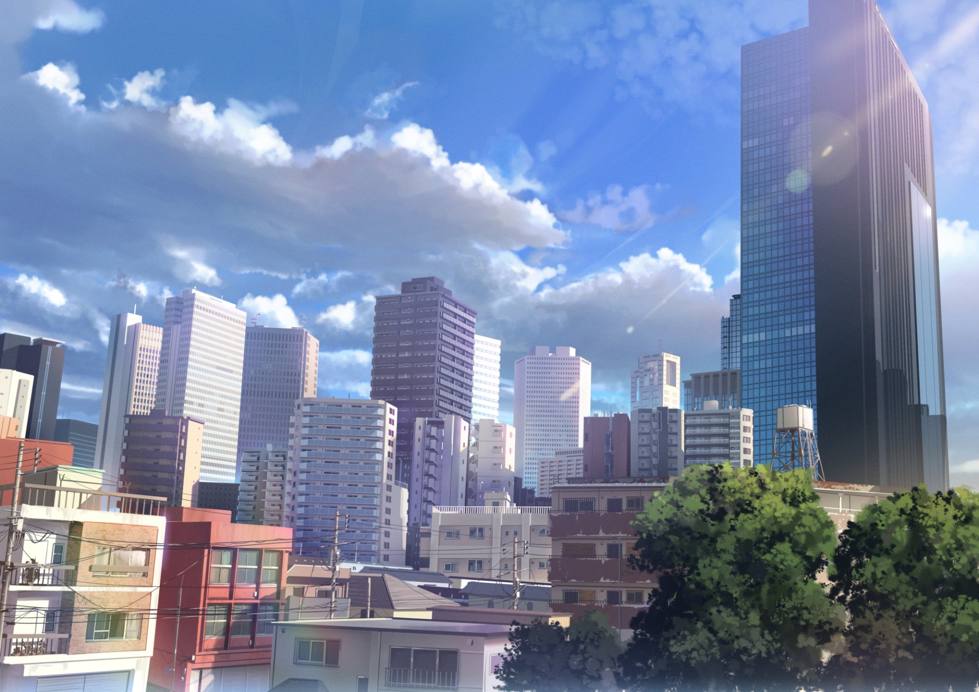HD anime cityscape of a Japanese urban skyline under a bright blue sky, featuring modern buildings and lush greenery, designed as a vibrant PC desktop wallpaper.