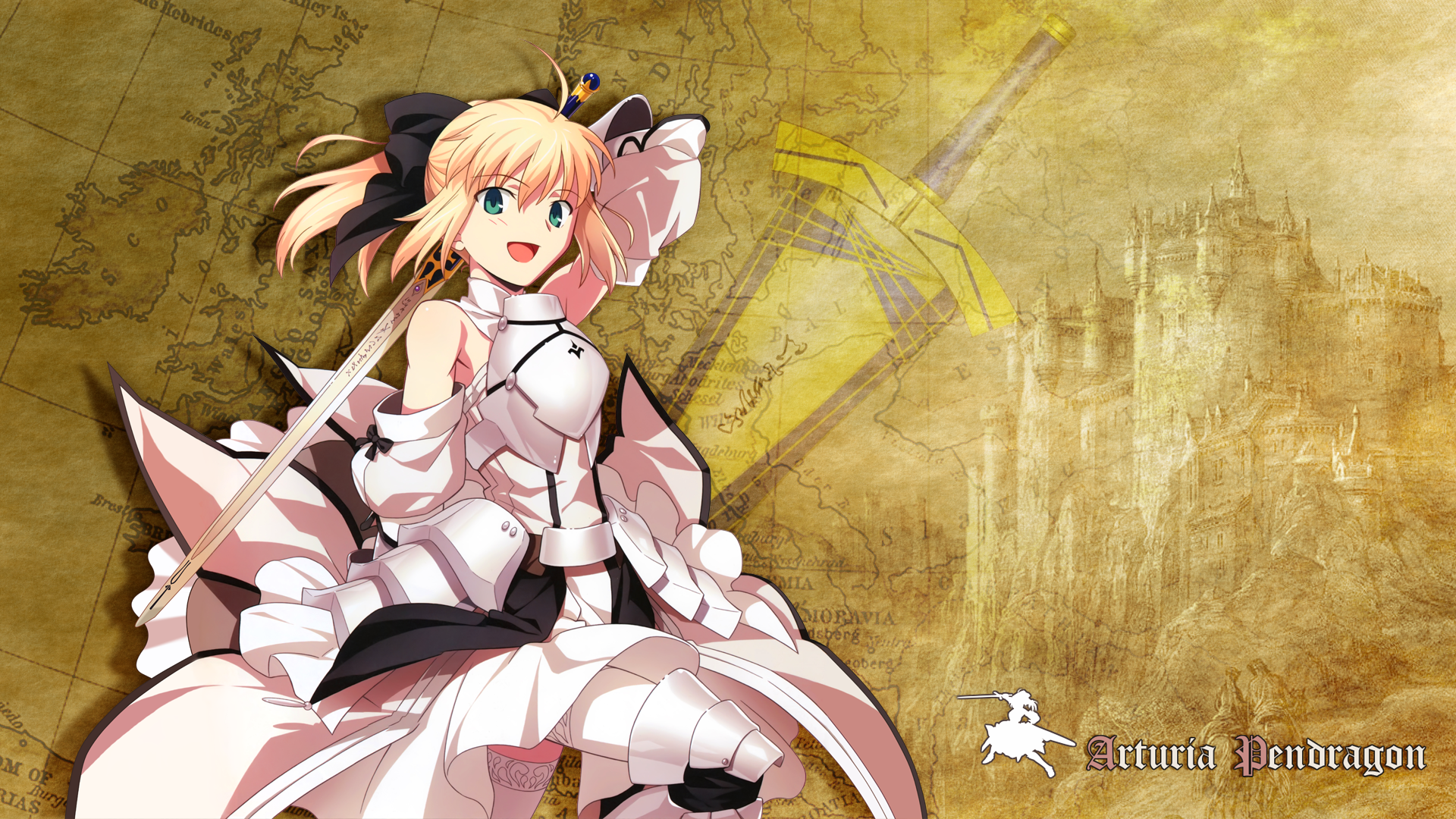 HD anime desktop wallpaper featuring Saber Lily from Fate/Stay Night, showcasing her in white armor with a sword against a textured gold background.