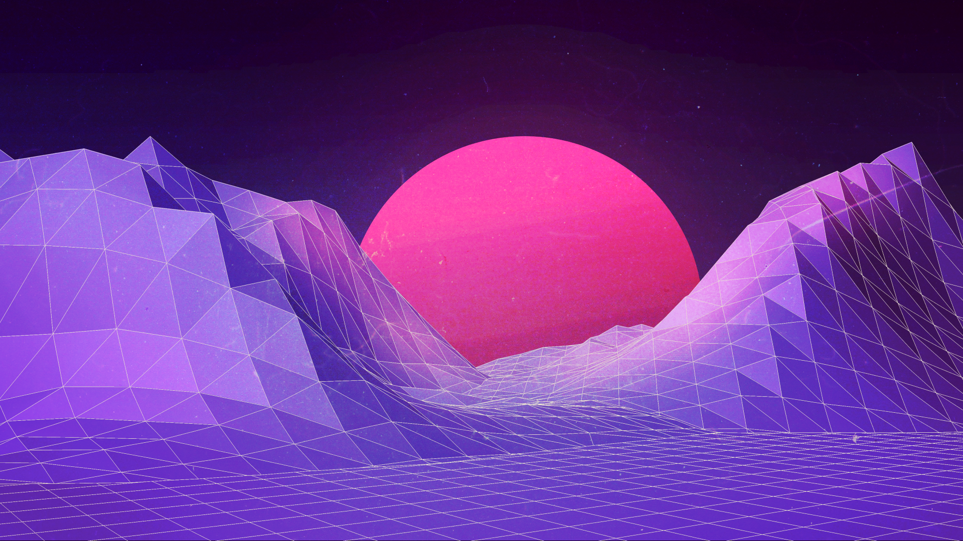 Abstract synthwave landscape with a pink sun setting behind geometric mountains, designed as a vibrant HD vector wallpaper for PC desktops.