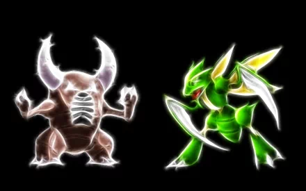 A striking HD wallpaper featuring Scyther and Pinsir, two iconic bug Pokémon from the video game franchise, illuminated against a black background.