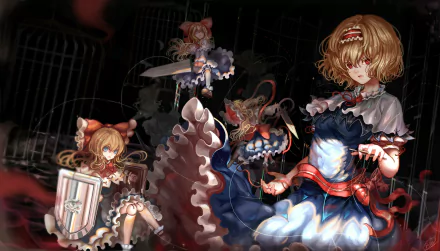 HD anime Touhou wallpaper featuring intricately detailed characters in dark, atmospheric tones, capturing a dynamic and intense scene for PC desktop backgrounds.