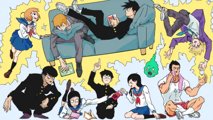 Colorful HD anime wallpaper featuring characters from Mob Psycho 100, showcasing a dynamic scene with friends, comedy, and supernatural elements. Bright and engaging background design.