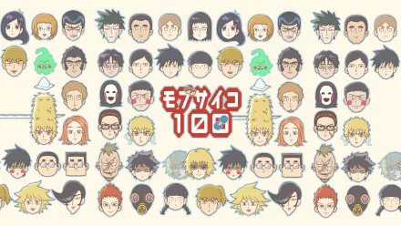 HD PC desktop wallpaper featuring chibi-style character faces from the anime Mob Psycho 100 arranged in a grid with the series title in the center.